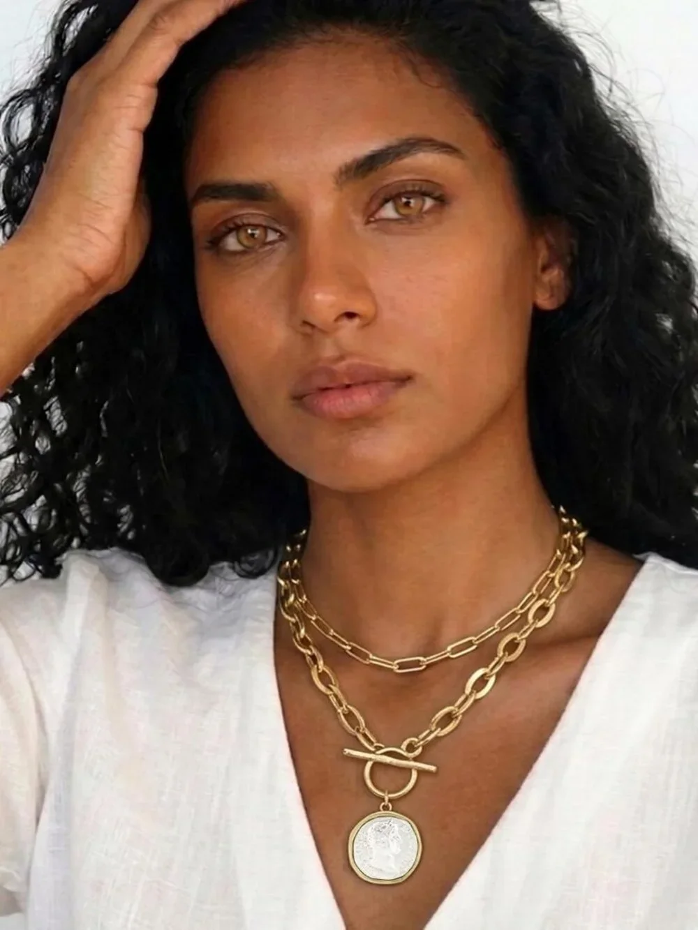 Chunky Coin Antique Gold Plated Thick Link Chain Layered Pendant Necklace for Wo - Picture 2 of 7